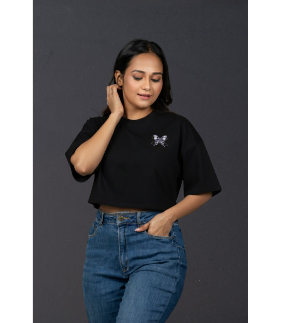 Ladies Graphic Oversize Crop Top Black Ladies Graphic Oversize Crop Top Black